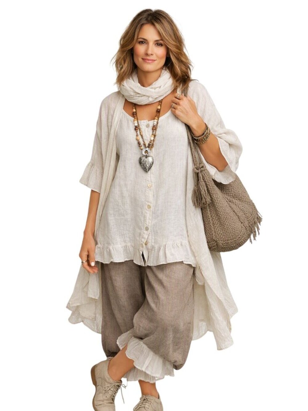 Loose Fit Cream 100% Linen Lagenlook Cottage Core Button Down Blouse Ruffle Hem